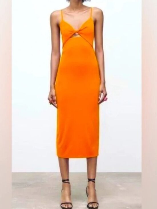 Zara Dresses & Skirts - Zara Orange Cutout Midi Dress Size Large Bodycon Sleeveless Knot Front